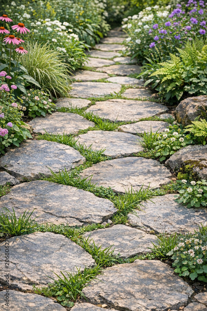 Obraz premium Bricked garden walkway with lush greenery and colorful flowers on either side.