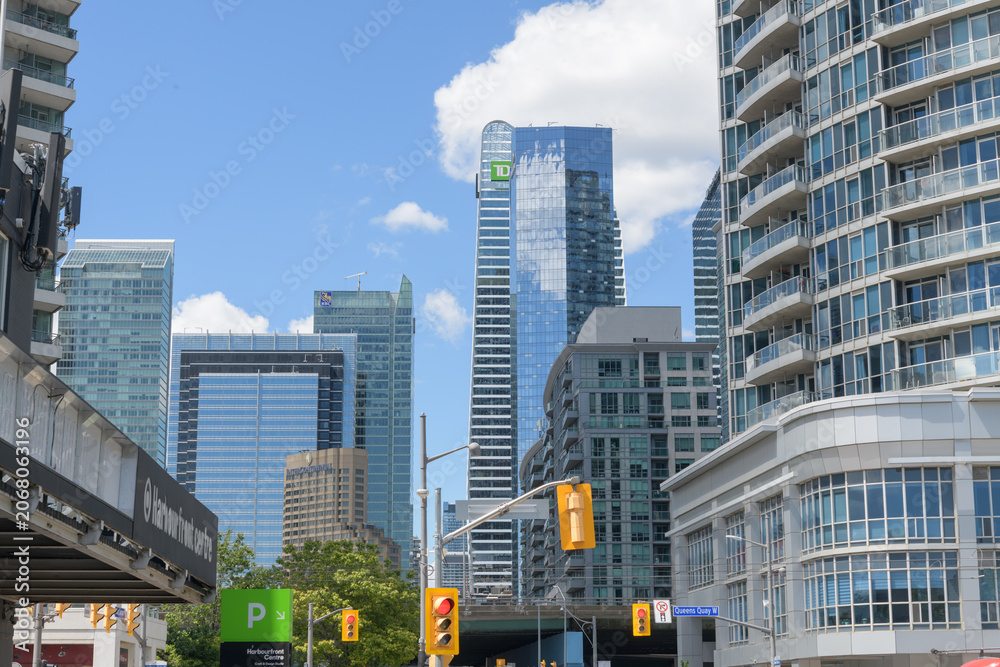 Fototapeta premium looking north on Lower Simcoe just north of Lake Shore Blvd W and Gardiner Expressway, to hotels, condos, and modern office towers (including TD Terrace), Toronto