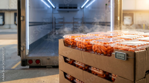 Smart cold chain logistics background. Close-up of packaged organic baby carrots in cardboard boxes by a refrigerated truck