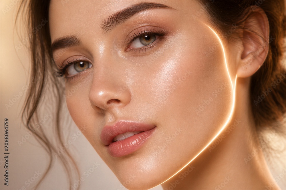 Fototapeta premium Young woman closeup with glowing contour line on face
