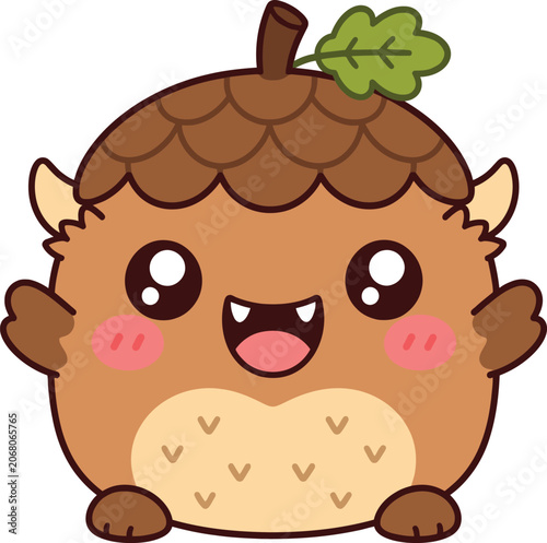 Cute Kawaii Acorn Owl Cartoon Character with Happy Smiling Face