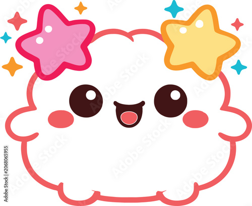 Cute Kawaii Cloud Character with Star Hair Clips and Happy Face