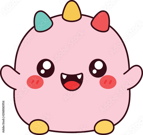 Cute Kawaii Baby Monster Cartoon Character with Colorful Horns and Happy Face