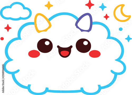 Cute Kawaii Cloud Unicorn Cartoon Character with Stars and Moon