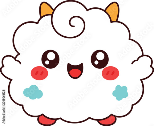 Cute Kawaii Sheep Cartoon Character with Fluffy Wool and Happy Expression