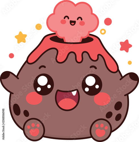 Cute Kawaii Cartoon Volcano Character with Smiling Cloud and Pink Lava