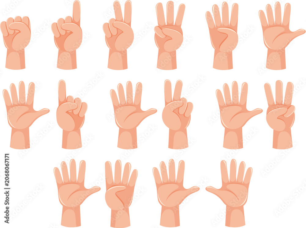 Fototapeta premium Hand Gestures Collection: A vibrant collection of human hand gestures, displaying various counting and signaling poses. This graphic resource visually represents communication and enumeration.