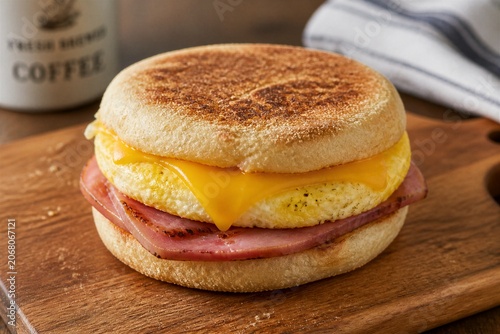English muffin sandwich with egg cheese and ham on board