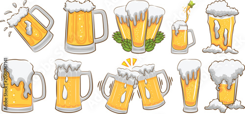 Tableau sur toile Set of Beer Mugs: A collection of stylized beer mugs filled with frothy, golden beer, some overflowing with foam, in various poses, celebrating refreshment and good times