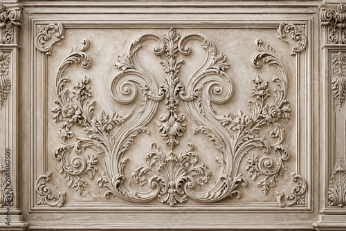 Ornate plaster wall relief panel with floral scrollwork