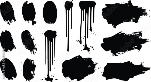 Bild auf Leinwand Set of black ink brush strokes and dripping paint marks created as a versatile v