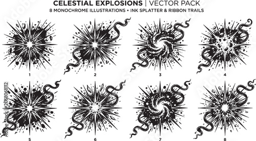 Set of eight hand drawn celestial astrological zodiac symbols and sun burst elements in a vintage ink sketch style for mystical design projects