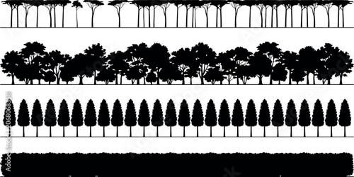 Set of tree silhouettes, forest borders, pine trees, deciduous trees and hedge isolated on white background