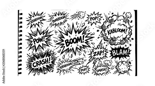 Set of hand drawn comic book speech bubbles and explosion shapes with funny text expressions for graphic design and storytelling elements