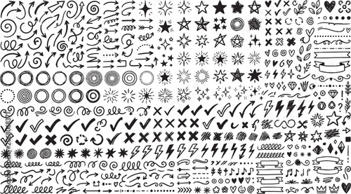 Set of black hand drawn doodle icons and design elements including arrows stars hearts and shapes