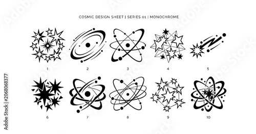 Set of ten black and white science and space icons featuring atoms galaxies stars and cosmic explosions in a simple hand drawn sketch style