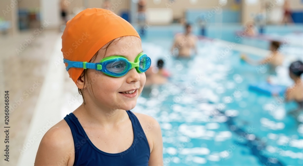 Obraz premium Close up of a smiling young girl wearing an orange swim cap and goggles in an indoor pool. Happy child participating in swimming lessons and water activities