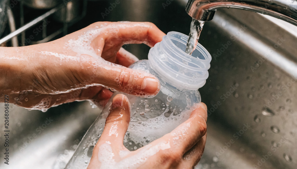 Fototapeta premium Hand Pouring Water from Plastic Bottle into Kitchen Sink Close Up