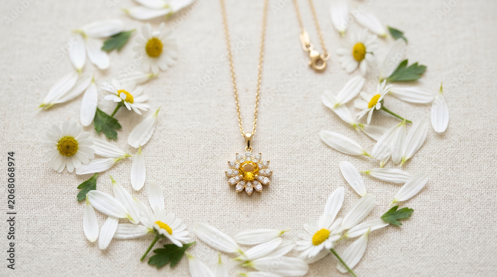 Obraz premium Gold Necklace with Sparkling Flower Pendant Surrounded by White Daisy Petals on Fabric