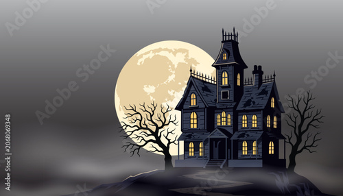 Fotografie A haunted castle on a hill with a full moon in the background Halloween vector scene