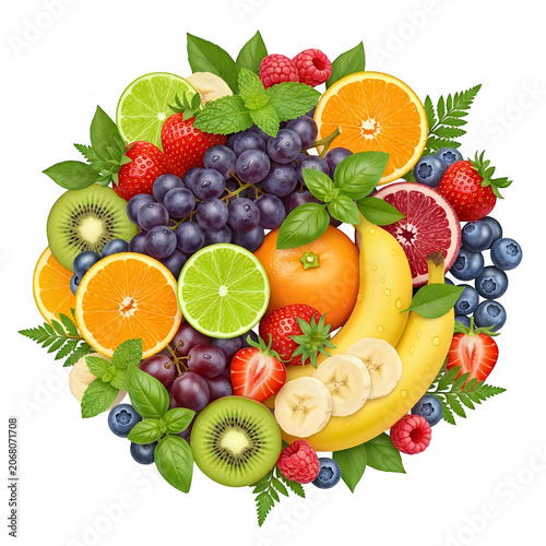 Fresh mixed fruits and berries arranged in a round shape isolated on transparent background