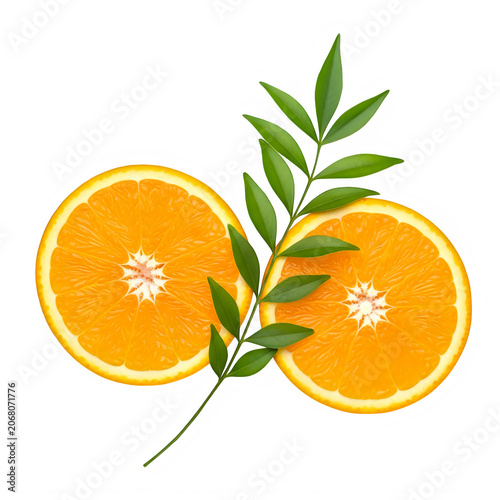 Fresh orange slices with green leaves illustration isolated on transparent background