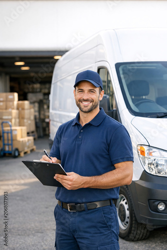 A man in a blue uniform standing next to a white delivery truck, smiling and looking down at paperwork or a clipboard. He is in an industrial setting with other trucks and boxes in the background.