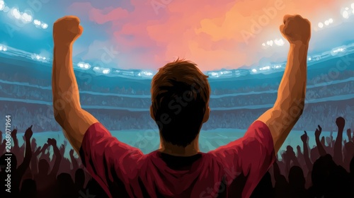 Silhouetted figure raises fists in triumph