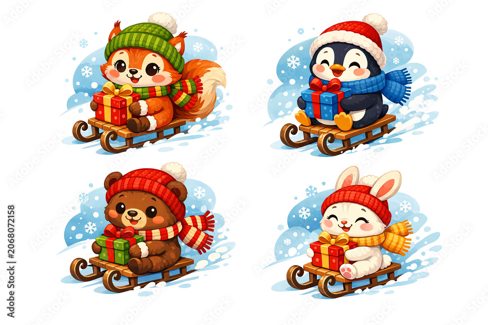 Fototapeta premium Cute winter illustration of animals on sleds, perfect for holiday themes. Each image features a different animal: bear, fox, penguin, and bunny.