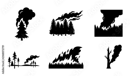 Foto Forest Fire Icons Set, Wildfire Smoke and Flames Vector Graphics, Nature Disaste