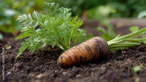 Freshly harvested carrot rests in rich, dark soil