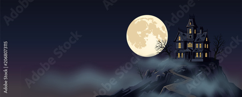 A haunted castle on a hill with a full moon in the background Halloween vector scene.