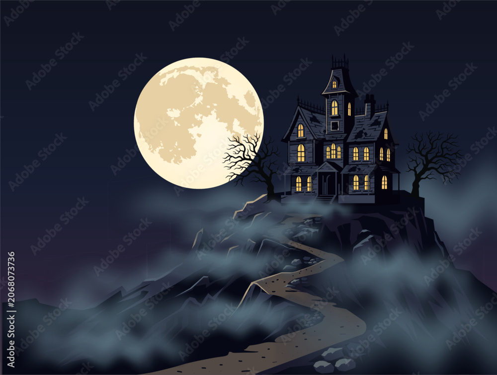 Fototapeta premium A haunted castle on a hill with a full moon in the background Halloween vector scene.
