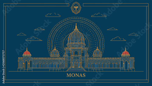 Tableau sur toile An ornate, symmetrical illustration of the Monas building, featuring a central dome and flanking towers, set against a dark blue background with decorative sunburst and cloud motifs