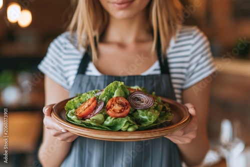 Woman holds vibrant salad in rustic wooden bowl