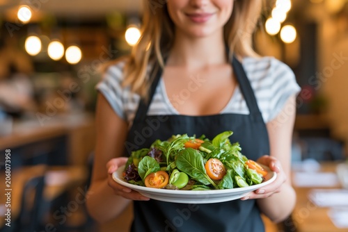 Smiling server holds fresh salad