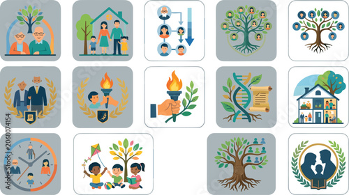 Canvas Print Genealogy and family history icon set featuring family tree dna legacy heritage