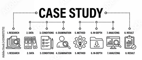 Case study process infographic with 8 steps and icons