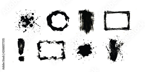 Foto Set of black ink brush stroke frames splatters and shapes for creative graphic d