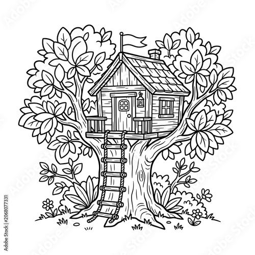 Treehouse line art coloring page for children featuring a wooden cabin nestled in lush tree branches