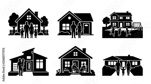 Fotografie Diverse Family Home Icons Set, Residential Property Silhouettes, Suburban Dwelli