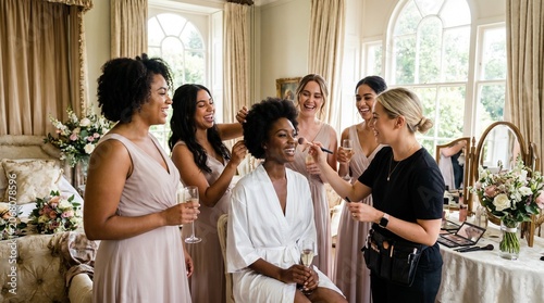 A Black bride smiles surrounded by her bridesmaids and makeup artist as they prepare together in a bright bridal suite filled with excitement.