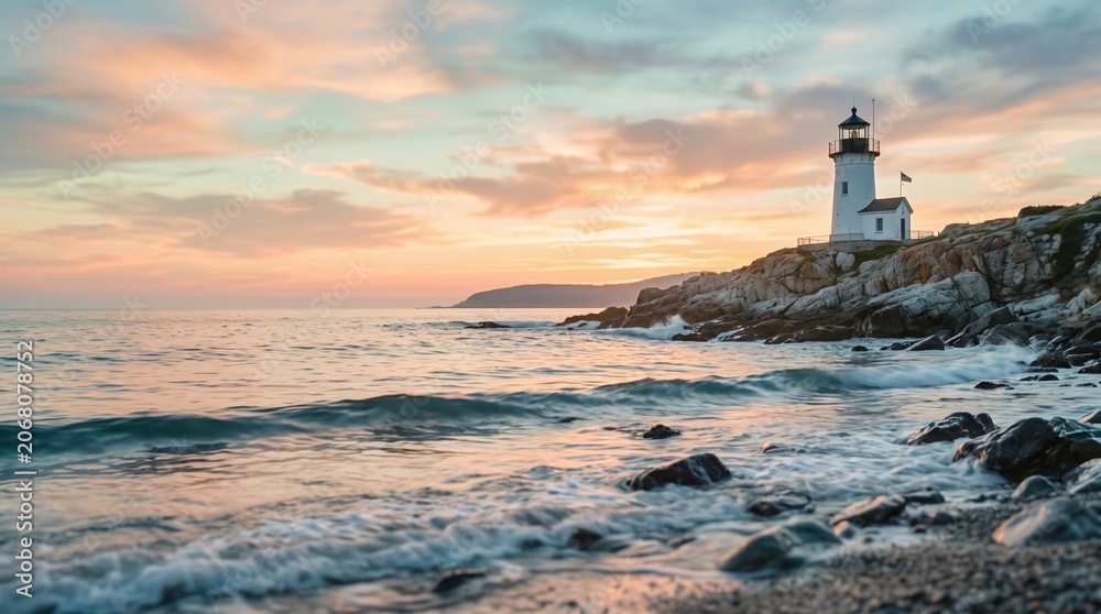 Fototapeta premium Lighthouse above rocky shoreline at sunset