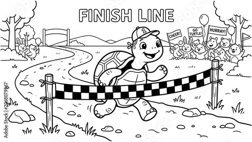 Coloring page of a cartoon turtle wearing a cap crossing the finish line with cheering animal friends