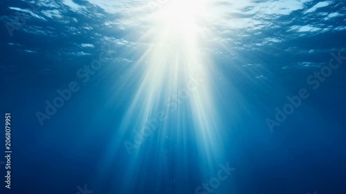 Sunlight pierces deep ocean, creating dramatic beams. Water clarity reveals serene underwater world
