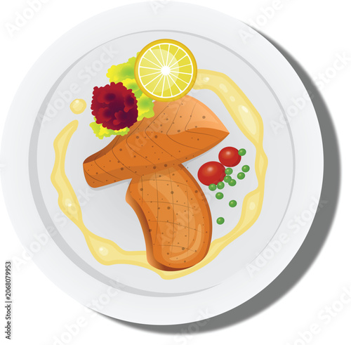 Grilled salmon steak with vegetables on a plate