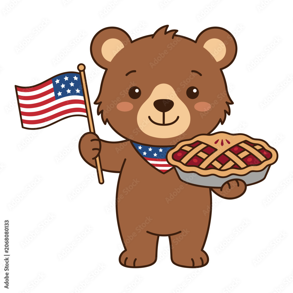 Fototapeta premium Cute cartoon bear holding american flag and cherry pie wearing patriotic bandana.