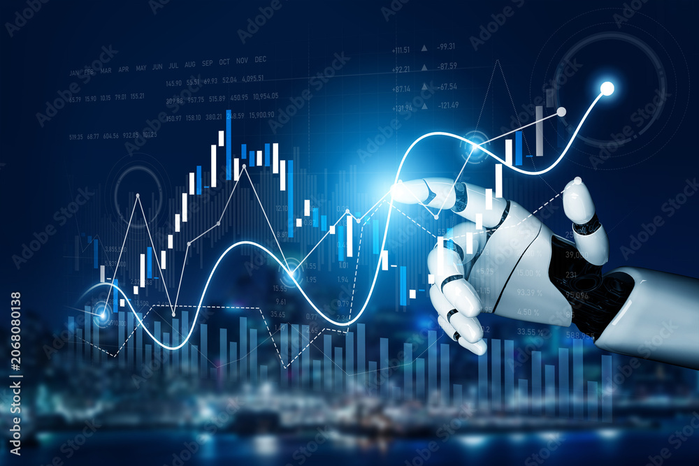 Obraz premium A robotic hand points at digital graphs and charts, symbolizing the integration of technology and finance, representing innovation and advanced data analysis. Scalp