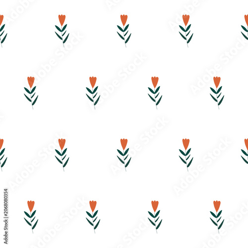 vector simple seamless botanical pattern with flowers in pastel color on white background.