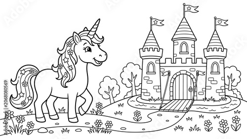 Children coloring book page featuring a mythical unicorn walking on a path toward a fairytale castle